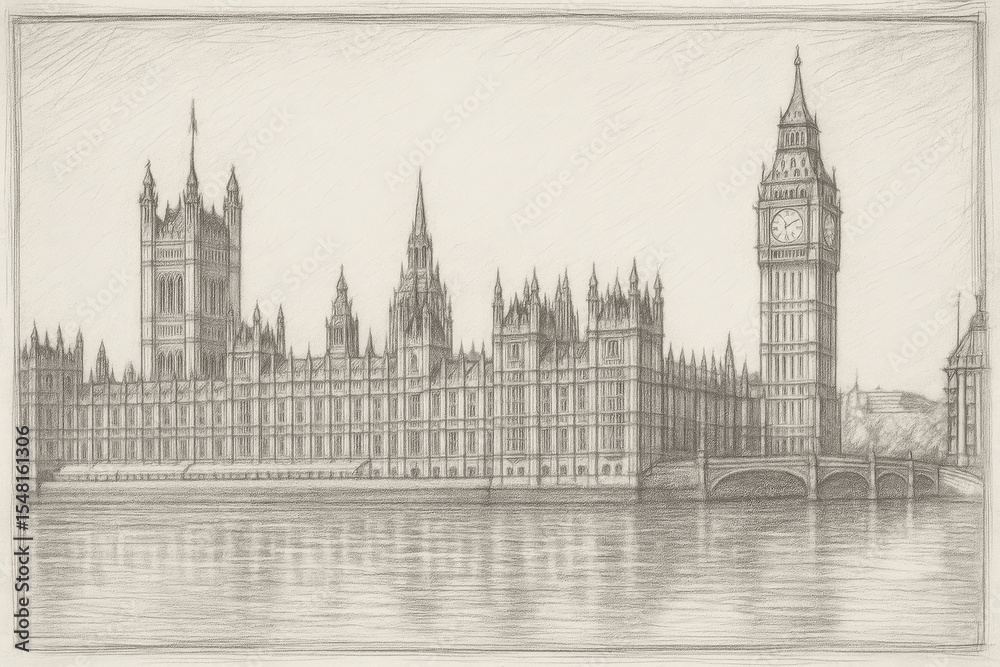 Pencil drawing of the Houses of Parliament and Big Ben in London, UK, with Westminster Bridge crossing the River Thames Pencil drawing of the Houses of Parliament and Big Ben in London, UK, with Westminster Bridge crossing the River Thames