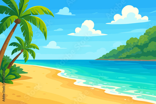 Tropical paradise beach with golden sand, turquoise ocean waves, lush palm trees, green island background, summer travel destination, relaxing seascape, vector cartoon illustration