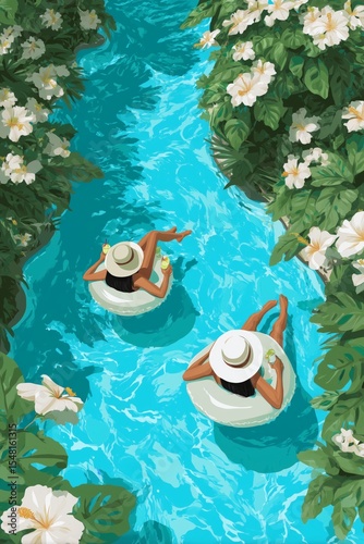 Two women relax on inner tubes in a vibrant, flower-filled waterway.