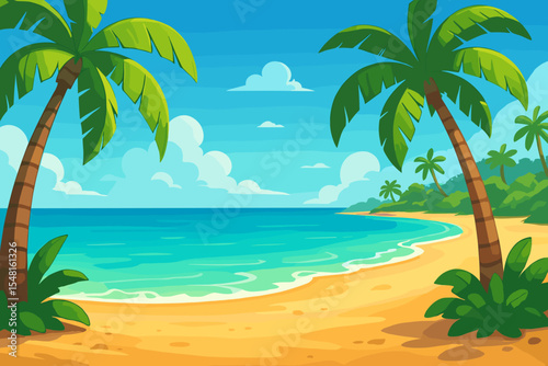 Idyllic Cartoon Tropical Beach Landscape with Golden Sand, Palm Trees, Turquoise Ocean, Blue Sky and Fluffy Clouds. Summer Vacation Paradise Coast Vector Illustration, Relaxing Seaside Scenery
