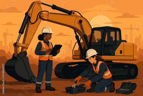 Female engineers teamwork maintenance excavator construction site sunset. Women in safety vests helmets inspect machinery, industrial teamwork, building industry, vector illustration, jobsite teamwork