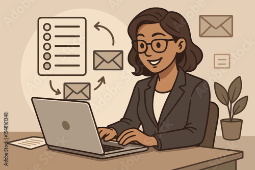 Businesswoman at Desk Using Laptop to Organize Email Lists, Send Digital Newsletters, Manage Office Communication, Professional Vector Illustration for Corporate Workplace Productivity Concepts