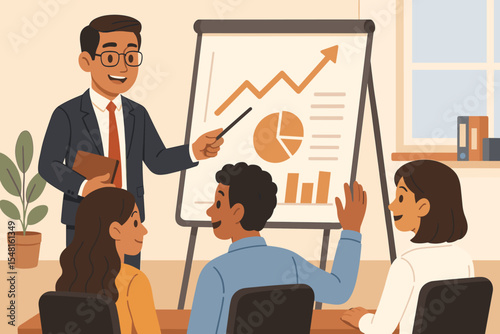 Business training session with professional coach presenting growth charts and analytics to diverse employees, skill development, teamwork, corporate learning, leadership, success, office meeting