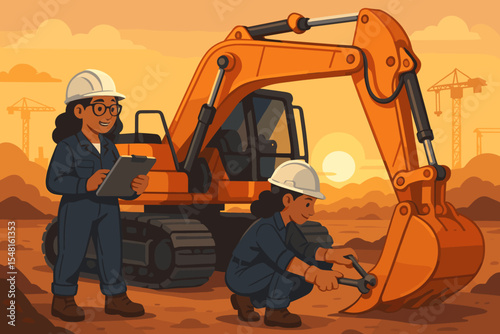 Female engineers in safety helmets maintaining excavator at construction site at sunset. Woman mechanic with wrench, supervisor with clipboard. Heavy machinery, teamwork, industrial engineering vector