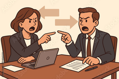 Business Debate Conflict Vector. Two Professionals Arguing Opposite Opinions During Meeting. Office Disagreement, Communication Breakdown, Pointing Fingers, Cartoon Illustration, Corporate Discussion