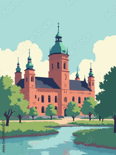 Hannover, Germany - New Town Hall, Herrenhausen Gardens, Marktkirche in red brick, green dome, garden green, and water blue
