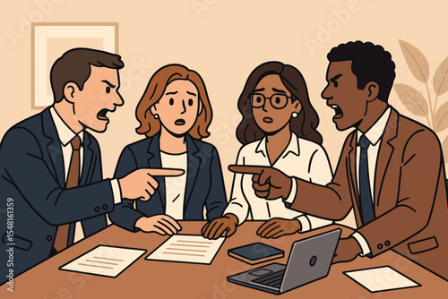 Business team disagreement conflict discussion. Office workers pointing fingers at each other during heated meeting. Diverse professionals arguing over documents. Corporate debate vector illustration