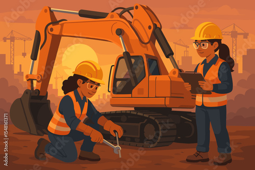 Female engineers with hard hats and safety vests performing excavator maintenance and inspection at construction site at sunset. Teamwork, heavy machinery, industrial safety, city skyline vector.