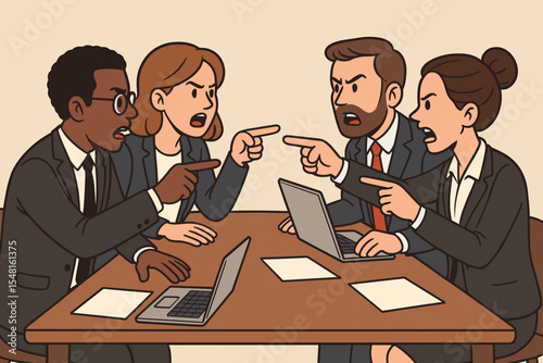 Business colleagues arguing different opinions, pointing fingers during heated team meeting at office table, laptops and documents, workplace conflict, disagreement, corporate discussion vector