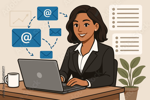 Businesswoman at Desk Managing Email Marketing Campaigns and Contact Lists, Office Workspace, Digital Communication, Productivity, Professional Female Using Laptop, Modern Vector Illustration