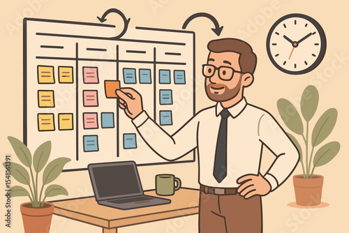 Scrum project manager planning workflow with kanban board, team tasks, sticky notes, agile methodology, time management, office desk, working organization, productivity cartoon vector illustration