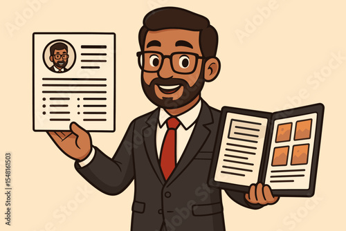 Confident businesswoman presenting resume and professional portfolio, job interview, career opportunity, recruitment process, employment application, HR, candidate selection, corporate hiring concept