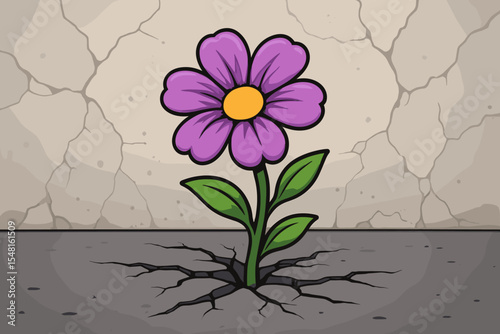 Resilient purple flower blooming through cracked concrete street. Survival growth concept. Urban nature overcoming adversity. Cartoon vector illustration. Hope perseverance metaphor.