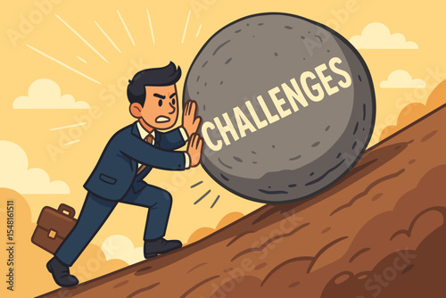 Businessman Pushing Giant Rock Up Hill Facing Tough Challenges, Overcoming Obstacles, Ambition, Perseverance, Hard Work, Career Growth, Motivation, Success Concept, Vector Illustration
