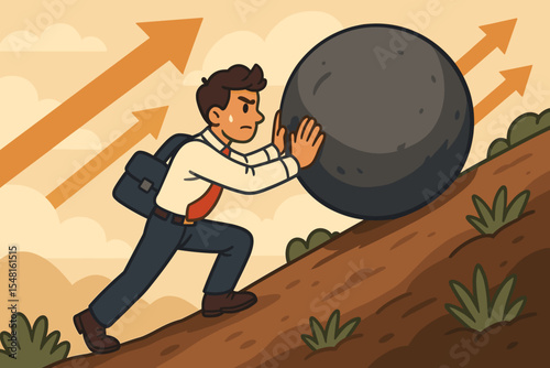 Businessman pushing giant boulder uphill metaphor. Overcoming obstacles, perseverance, determination, effort, career challenge, growth, achievement, ambition. Success vector illustration concept