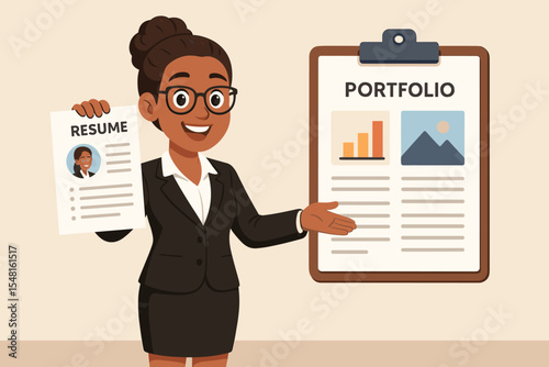 Qualified professional businesswoman presenting polished resume and comprehensive portfolio for job application, career growth, recruitment, interview preparation, CV showcase, vector illustration