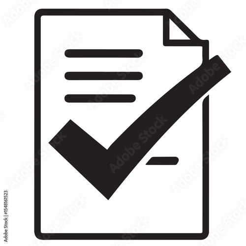 A black vector icon depicting a document with text lines and a large checkmark indicating completion or approval, on a white background.
