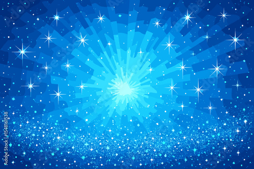 Shining Blue Glitter Background with Radiant Light Burst, Sparkling Stars, Twinkling Glitter Effect, Abstract Festive Night Sky, Magical Celebration, Vector Cartoon Illustration for Holiday Design