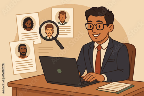 Human resources manager reviewing resumes and job applications on laptop, candidate selection process, recruitment search, hiring qualified talent, vector cartoon illustration, office workplace