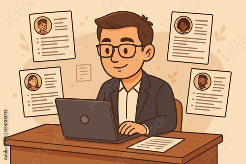 HR recruiter reviewing resumes and job applications on laptop, talent acquisition manager selecting qualified candidates, human resources interview process, hiring staff, vector office illustration