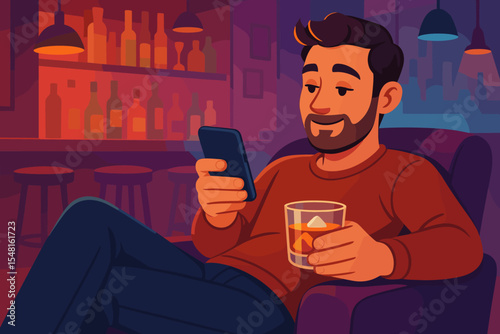 Man Relaxing in Cozy Bar with Bourbon Whiskey, Using Smartphone for Social Networking, Nightlife Leisure, Modern Lifestyle Concept, Colorful Vector Cartoon Illustration, Warm Ambient Lighting
