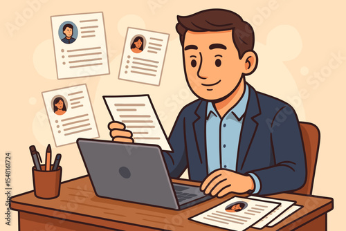 HR manager reviewing resumes and job applications at laptop, talent acquisition, recruitment process, candidate selection, professional interview, hiring search, office workplace vector illustration