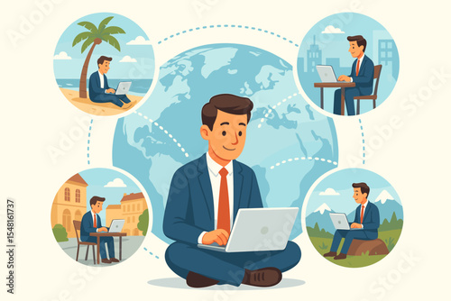 Remote Work Anywhere Businessman Laptop Vector. Digital Nomad, Global Online Office, Flexible Workspace, City, Nature, Beach, Travel Lifestyle, Worldwide Corporate Telecommuting Illustration