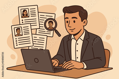 HR recruiter reviewing resumes and job applications on laptop, searching for qualified candidates, employee selection, hiring process, talent acquisition, human resources vector illustration