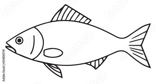 A simple black outline vector drawing of a fish with fins and scales, facing left on a white background.
