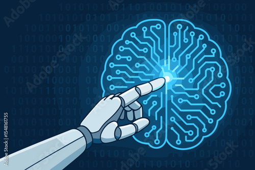 Artificial intelligence concept. Robotic hand touching digital brain made of electronic circuits, binary data background. Technology innovation, machine learning, AI development, futuristic interface