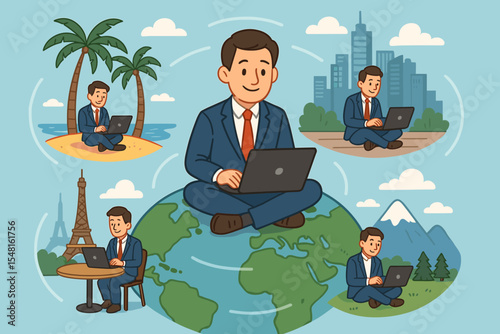 Remote work business travel concept. Digital nomad businessman using laptop in diverse global locations. Worldwide online office, freelance worker, work from anywhere, international connection vector