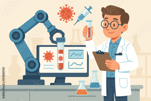 Robotic arm and scientist in modern laboratory analyzing coronavirus COVID-19 test results for vaccine research and development, medical innovation, automation, biotech vector illustration