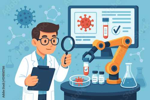 Scientist and Robotic Arm Analyzing Virus Test Results in Laboratory for Vaccine Research, Medical Innovation, Biotechnology, COVID-19 Detection, Healthcare Technology Concept Vector Illustration