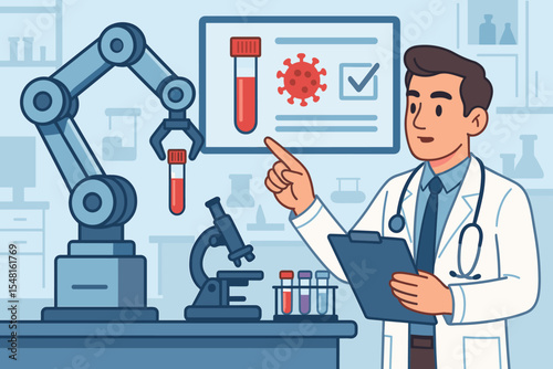 Robotic arm assisting doctor analyzing medical test results, laboratory automation, COVID-19 virus detection, biotechnology research, clinical lab innovation, healthcare vector illustration