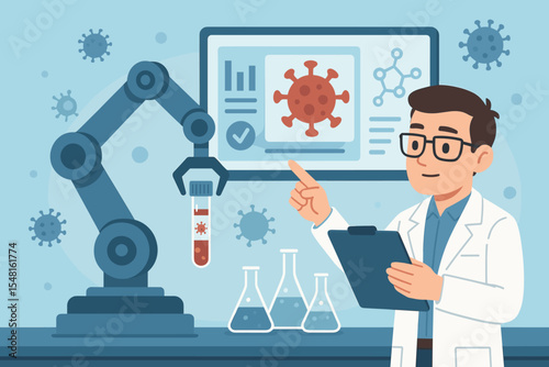 Scientist and Robotic Arm Analyzing COVID-19 Test Results in Modern Laboratory, Developing Coronavirus Vaccine, Medical Research Technology, Data Analysis, Chemical Experiment, Vector Illustration