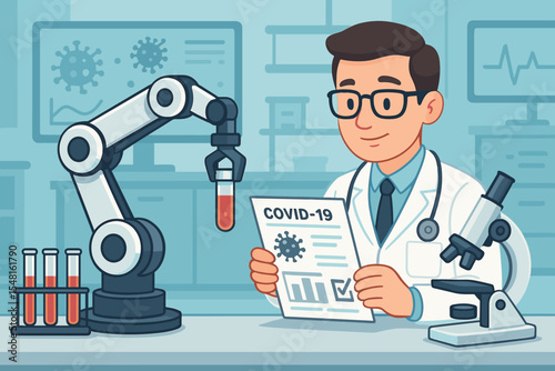 Robotic arm analyzing COVID-19 blood samples with doctor in modern medical laboratory, biotechnology automation research, virus testing, clinical diagnostics, vector cartoon illustration