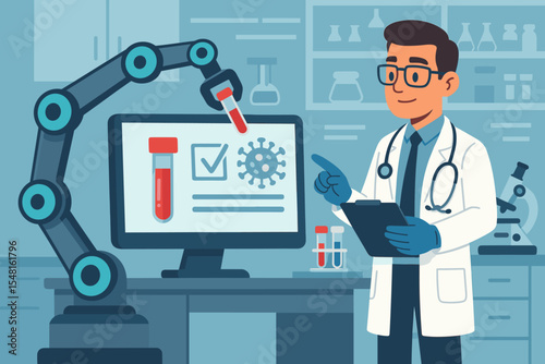 Robotic Arm Automation Assisting Doctor in Medical Laboratory Analysis of Blood Test Results, Virus Detection, Clinical Diagnosis, Healthcare Innovation, Laboratory Technology Vector Illustration