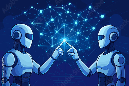Futuristic robots connecting to digital neural network. Artificial intelligence, cyber technology, data transfer, machine learning, virtual reality metaverse, innovation vector illustration