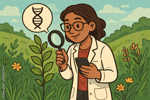 Female Scientist Analyzing Plant Genetics With Magnifying Glass, Recording Research Data on Smartphone in Lush Meadow, Botanical DNA Study, Environmental Science Vector Illustration