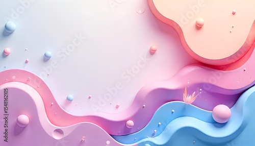 pastel abstract 3d composition with flowing wavy shapes, soft spheres, and floral element in pink, blue, and purple hues