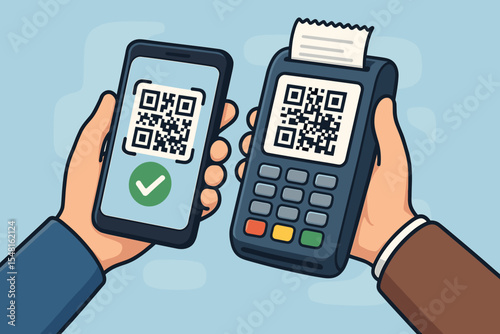 Digital mobile payment with QR code scan, contactless transaction, phone and card reader, cashless shopping, secure online banking, fintech technology, vector cartoon illustration