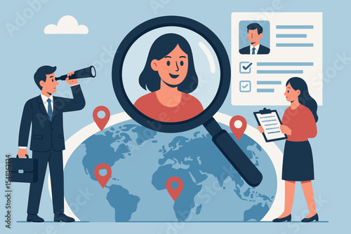 Global recruitment process concept. Vector illustration of international talent search, headhunting, candidate selection, human resource management, hiring team, job application, worldwide employment
