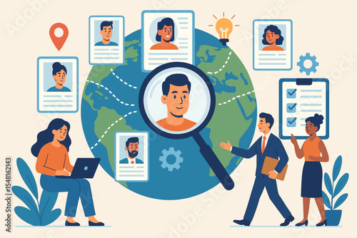 Global Recruitment and Talent Search Concept. International Hiring Process, Candidate Selection, HR Analytics. Diverse Employees, Resumes, Magnifying Glass, Business Team, Vector Illustration