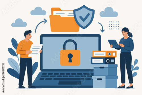 Secure document management and file transfer. Data privacy protection, online cloud storage, digital file sharing, encryption, cyber security, safe information exchange. Vector illustration.