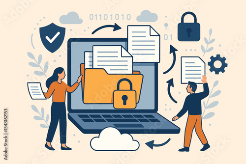 Secure file transfer data management concept. Cloud document storage, online folder sharing, cyber security, information protection, encrypted teamwork file exchange vector illustration