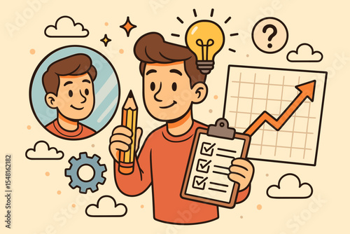 Personal Growth Self-Assessment Concept. Cartoon Man Holding Checklist and Pencil. Productivity Improvement, Goal Setting, Motivation, Evaluation. Development Progress, Innovation, Success Chart
