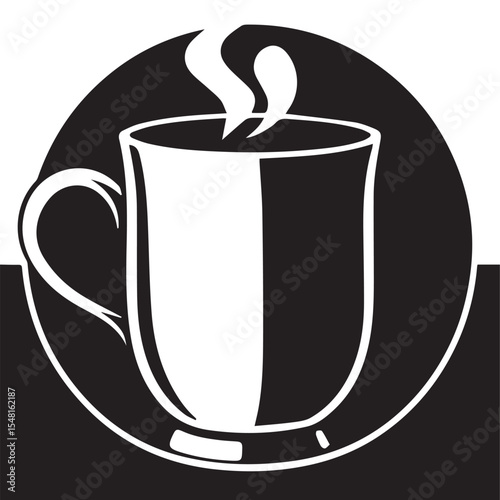 A black and white vector image featuring a steaming mug of coffee or tea inside a circular frame, with a solid black background.