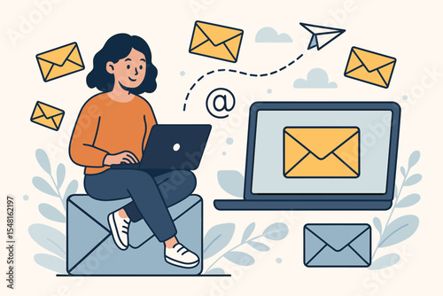 Modern email marketing and digital communication vector illustration. Woman on laptop, sending and receiving messages, internet messaging, online correspondence, envelope icons, remote work.