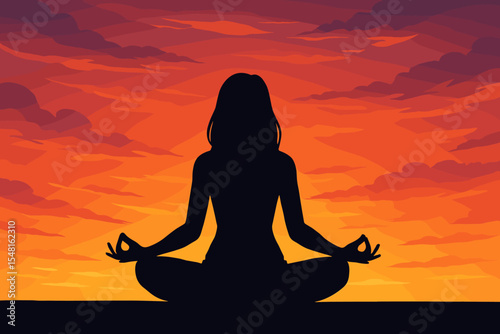Peaceful Woman Meditating Yoga Lotus Pose Silhouette, Vibrant Sunset Sky Background, Mindfulness, Relaxation, Tranquility, Wellness, Vector Illustration, Outdoor Serenity, No Text