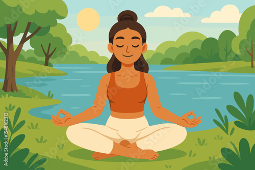 Calm woman meditating outdoors in lotus yoga pose beside lake in summer landscape, practicing mindfulness and relaxation, healthy lifestyle, nature retreat, peaceful cartoon vector illustration
